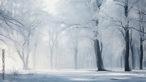 A winter dream come genuine. The snow-covered woodland is showered in a delicate white fog. The trees are secured in a cover of snow, making a tranquil and peaceful scene. © Elshad