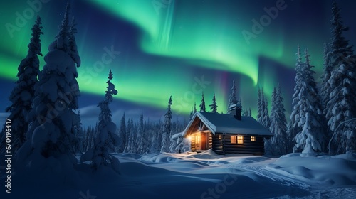 A winter scene with a singular wooden cabin and snow-covered fir trees. Aurora borealis. Northern lights in winter woodland. Christmas occasion and winter get-aways concept photo