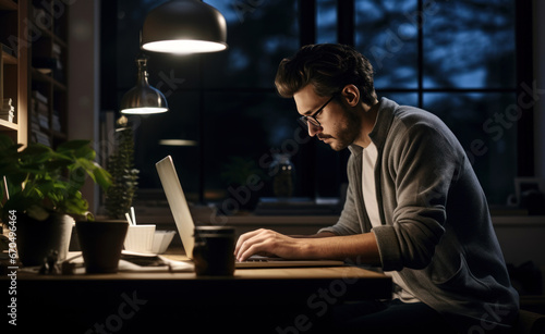 Web designer at work: Professional man working towards a project with deadline in sight. Business man using a laptop while working late in his home office.