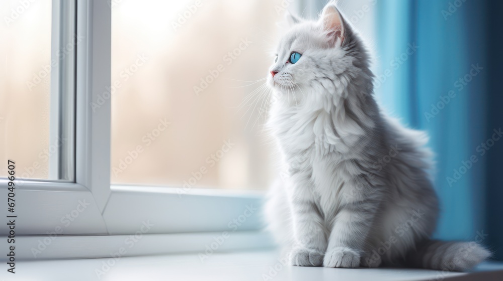 Beautiful white cat with blue eyes sits on the windowsill. Generative AI