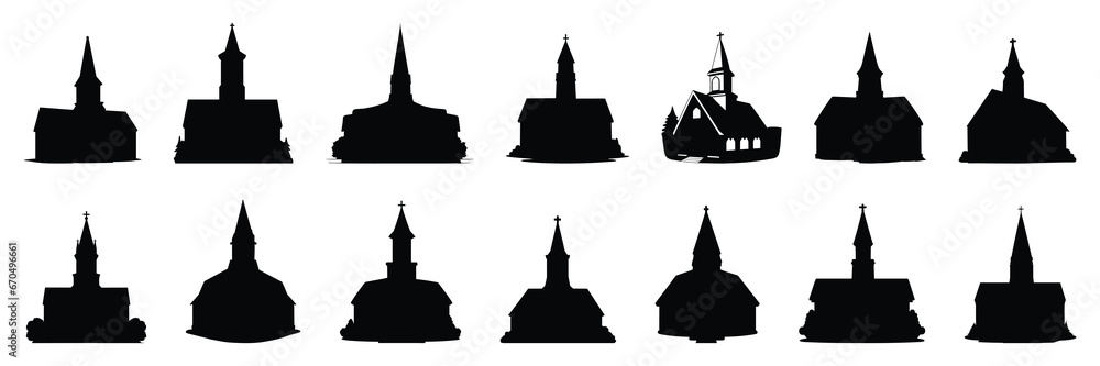 Church silhouettes set, large pack of vector silhouette design, isolated white background