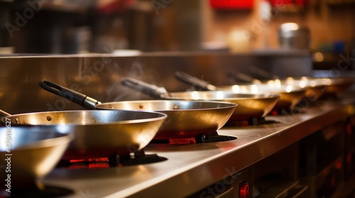 cooking food in a restaurant kitchen, closeup of copper cooking pans Generative AI photo
