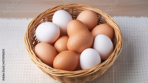 Wallpaper Mural Eggs in a wicker basket on a wooden background. Generative AI Torontodigital.ca