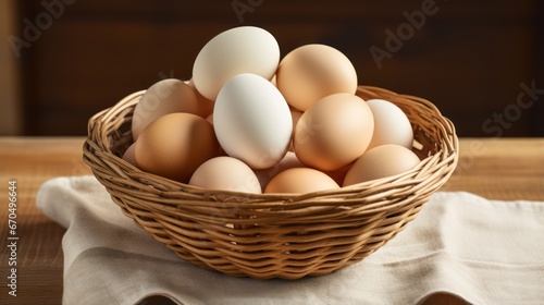 Wallpaper Mural Eggs in a basket on a wooden table. Close-up. Generative AI Torontodigital.ca