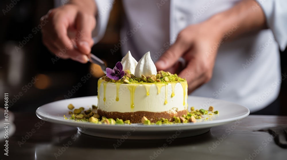 Chef decorating a cake with pistachio and whipped cream Generative AI