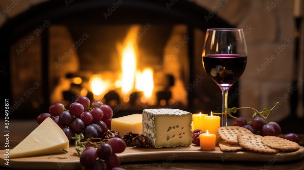 Wine, cheese, crackers and wine in front of a fireplace Generative AI Wine, cheese, crackers and wine in front of a fireplace Generative AI