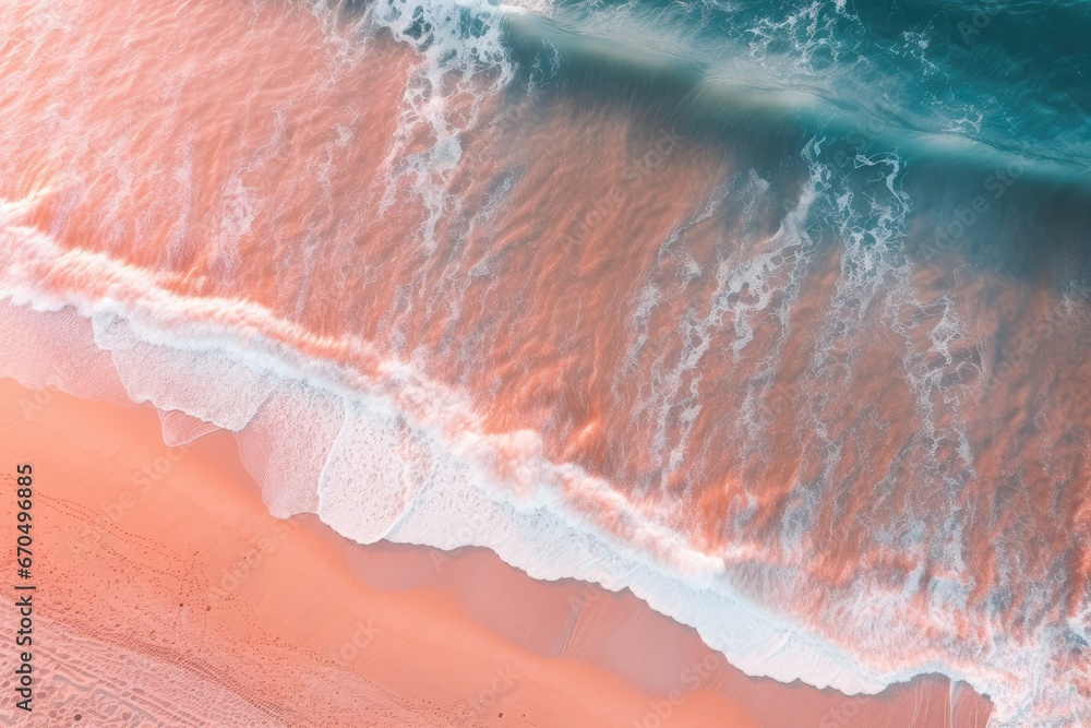 Aerial top view of a breaking wave on a beach with pink sand. Turquoise water with sea foam crushing on a beach Aerial top view of a breaking wave on a beach with pink sand. Turquoise water with sea foam crushing on a beach