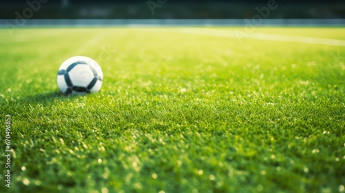Soccer ball on the green grass field with bokeh background Generative AI