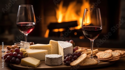 Two glasses of red wine, cheese, crackers and grapes on a wooden board in front of the fireplace. Generative AI