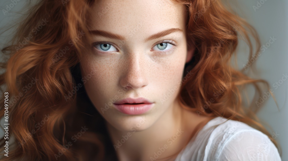 Portrait of beautiful redhead girl with freckles on face Generative AI Portrait of beautiful redhead girl with freckles on face Generative AI