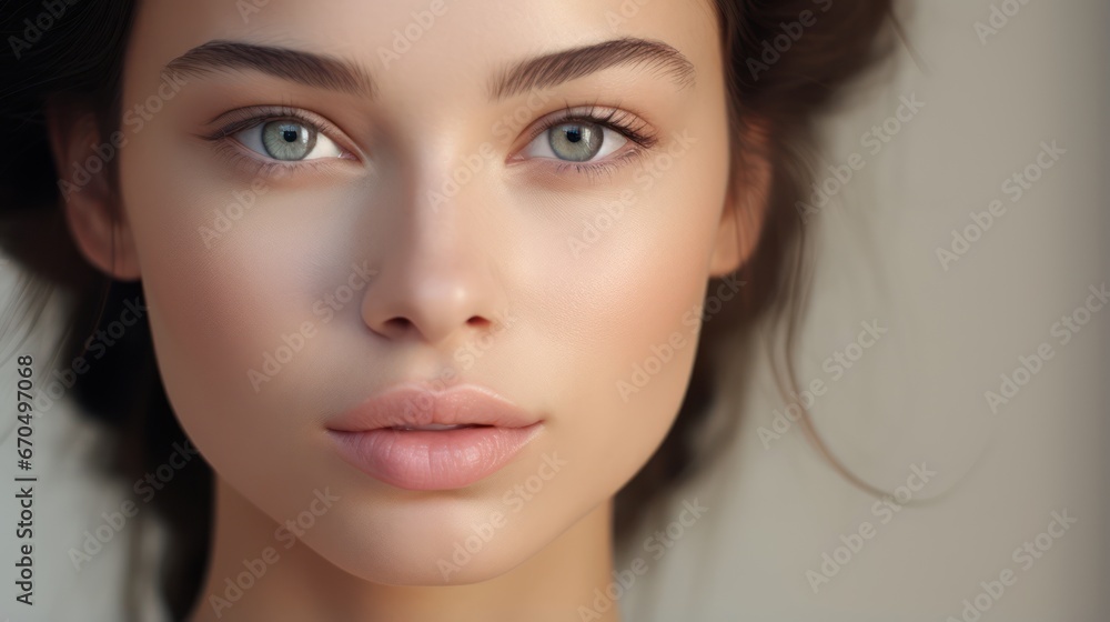 Fototapeta premium Portrait of beautiful young woman with healthy skin and natural make-up Generative AI