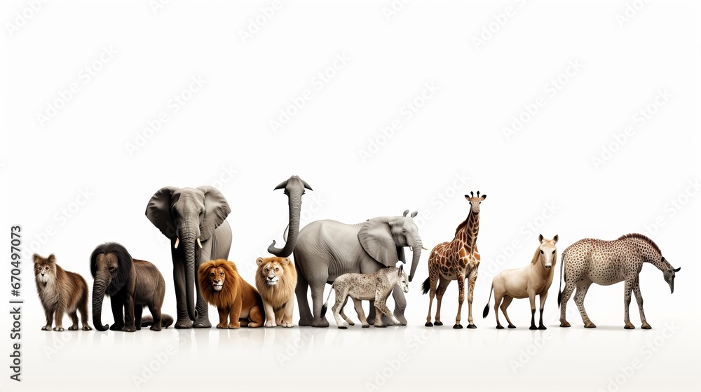 Collection of wild creatures, elephant, tiger, deer, rabbit, parrot, hawk, hippo, giraffe, rhino on white foundation - obrazy, fototapety, plakaty 