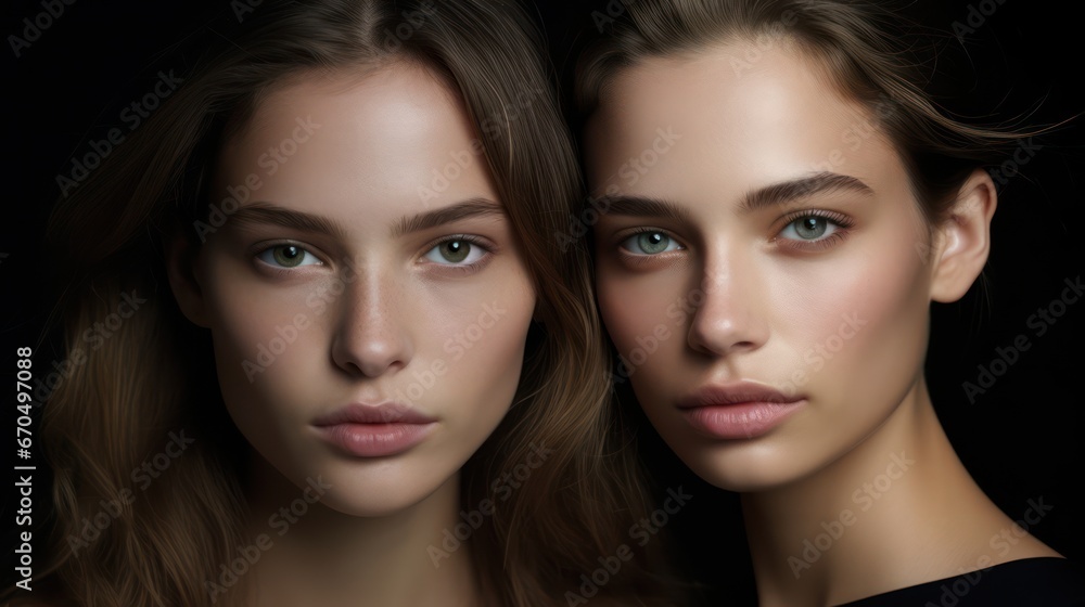 Portrait of two beautiful young women with clean fresh skin on black background Generative AI Portrait of two beautiful young women with clean fresh skin on black background Generative AI