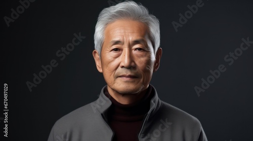 Portrait of asian senior man looking at camera on black background Generative AI
