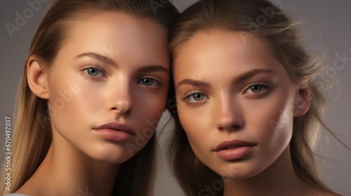 Beauty portrait of two young women with perfect skin and natural makeup. Generative AI