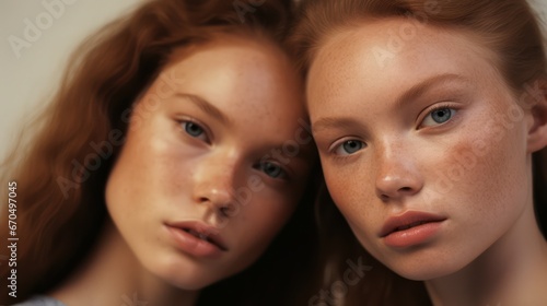 Portrait of two young women with freckles on their faces Generative AI