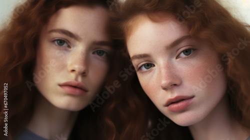 Portrait of two young women with red hair and freckles Generative AI