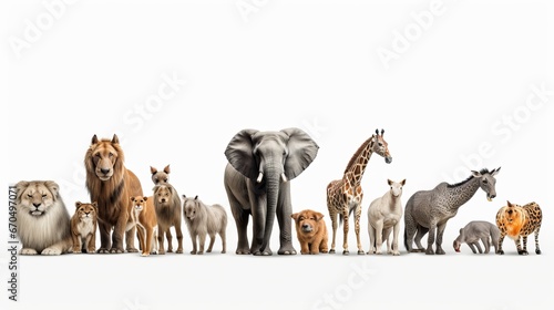 Collection of wild creatures, elephant, tiger, deer, rabbit, parrot, hawk, hippo, giraffe, rhino on white foundation