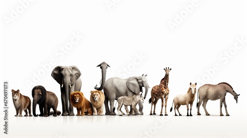 Collection of wild creatures, elephant, tiger, deer, rabbit, parrot, hawk, hippo, giraffe, rhino on white foundation photo