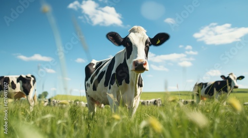 Cows grazing in a green meadow on a sunny summer day Generative AI © Alex