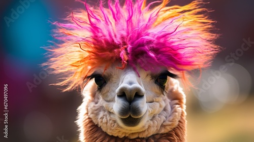 Colorful photo of an disconnected Alpaca with wild, chaotic, clever hair