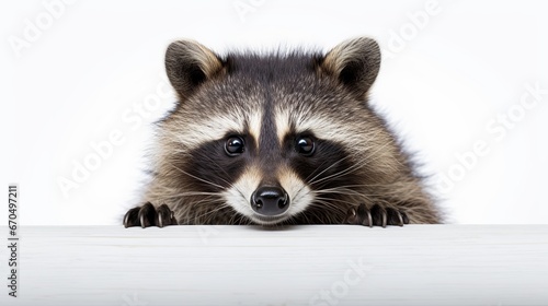 Clever raccoon, appearing a sign peace, confined on white foundation © Khalida