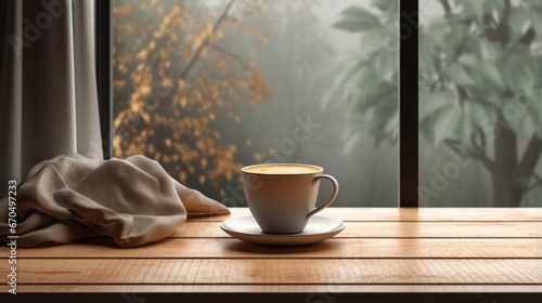 Cup of coffee on wooden table in front of window. 3d rendering Generative AI