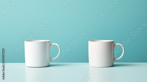 White mug mockup on pastel blue background. 3d rendering Generative AI