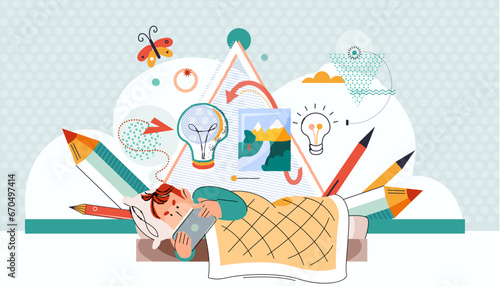 Cute boy lying in bed and watching phone. Child using smartphone playing, chatting, surfing Internet, kid and technology, creative idea concept with pencils, pictures and cartoon icons on background