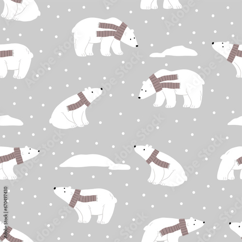 Cute cartoon Christmas bears -  vector seamless pattern with chracter bear in flat style. Holidays print. Winter forest, trees, snow , bears