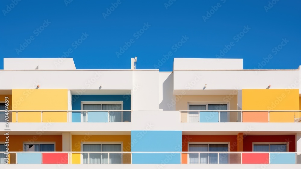 Modern apartment buildings on a sunny day with a blue sky. Facade of a modern apartment building Generative AI Modern apartment buildings on a sunny day with a blue sky. Facade of a modern apartment building Generative AI