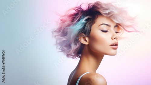 Portrait of beautiful young woman with colorful hair. Fashion model with trendy hairstyle. Generative AI