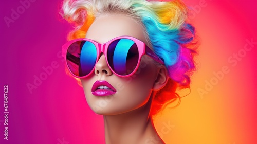 Fashion portrait of beautiful young woman with colorful hair and sunglasses. 3d rendering Generative AI