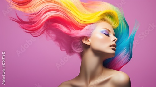 Beautiful woman with colorful hair on a pink background. 3d rendering Generative AI
