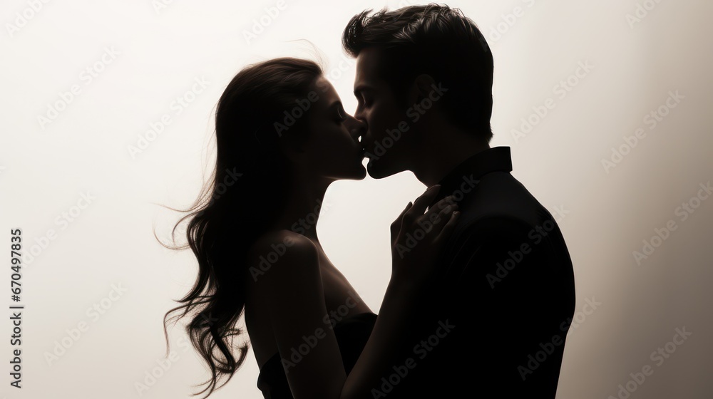 silhouette of young couple kissing on a light background, studio shot Generative AI