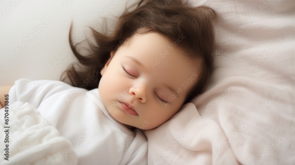 Cute little girl sleeping on white bed. Sweet dreams. Top view. Generative AI Cute little girl sleeping on white bed. Sweet dreams. Top view. Generative AI