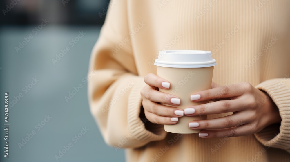 Woman holding a paper cup of coffee. Closeup of female hands holding coffee cup. Generative AI Woman holding a paper cup of coffee. Closeup of female hands holding coffee cup. Generative AI