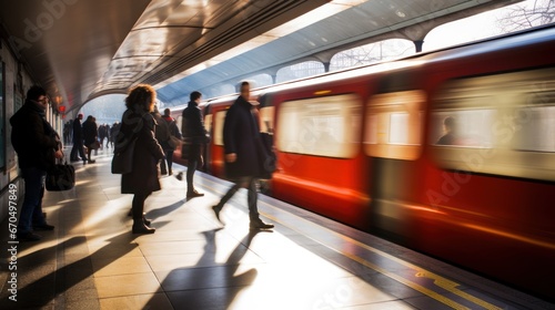 Long exposure of a London Underground station during rush hour, with passengers