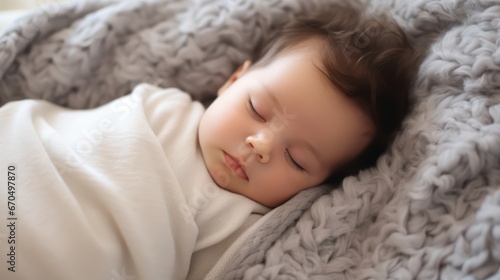 Cute little baby sleeping on a soft blanket. Sweet dreams. Generative AI
