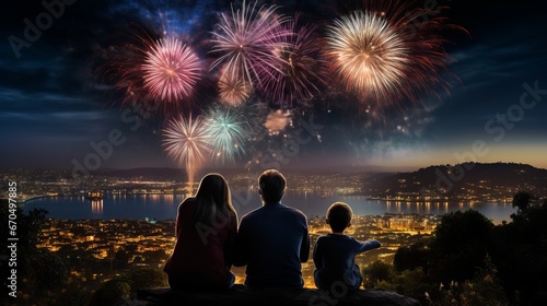 Couple watching fireworks on a cliff Experience a romantic and scenic view of a city at night with fireworks in the sky with this photo of a couple sitting on a cliff.