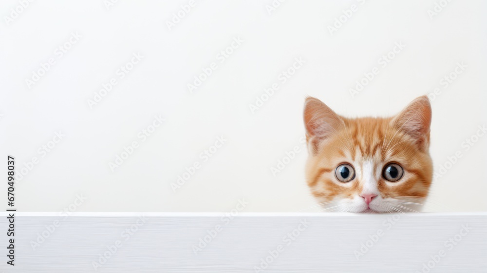 Cute red kitten peeking out from behind a white board. Generative AI