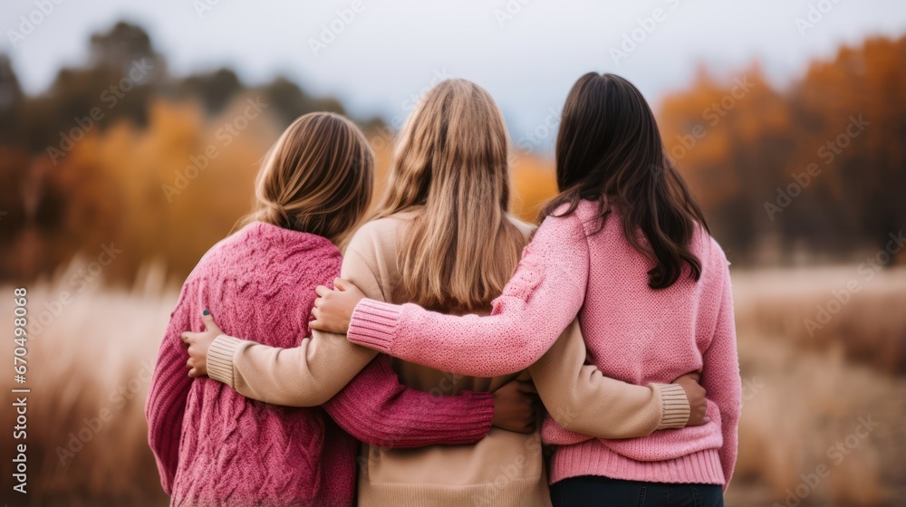 Three young women in warm sweaters standing back to back in autumn forest Generative AI Three young women in warm sweaters standing back to back in autumn forest Generative AI