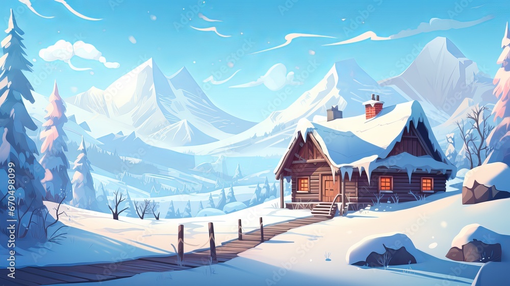 Ancient wooden house, cottage and animal dwellingplace in profound snow on mountain valley, spruce timberland, woody slopes on clear blue sky at dawn duplicate space foundation. Mountain - obrazy, fototapety, plakaty 