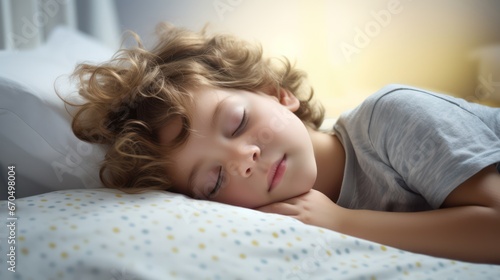 Portrait of a cute little boy sleeping in bed at home. Generative AI