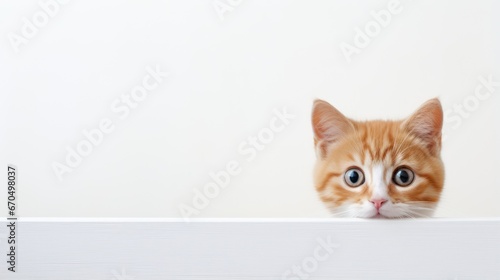 Cute red kitten peeking out from behind a white board. Generative AI © Alex