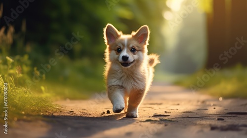 Welsh Corgi Pembroke puppy running on the road at sunset Generative AI © Alex