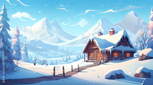 Ancient wooden house, cottage and animal dwellingplace in profound snow on mountain valley, spruce timberland, woody slopes on clear blue sky at dawn duplicate space foundation. Mountain photo
