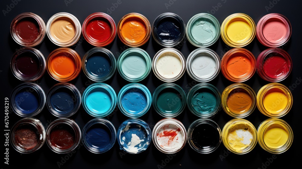 Top view of paint cans on black background. 3D rendering. Generative AI Top view of paint cans on black background. 3D rendering. Generative AI