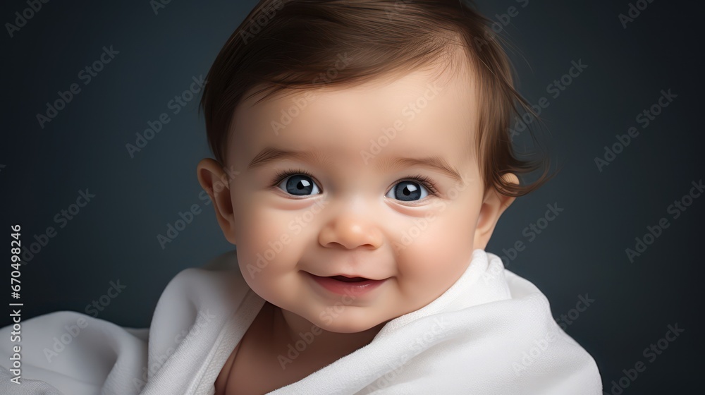Portrait of a cute smiling little baby boy in white towel. Generative AI Portrait of a cute smiling little baby boy in white towel. Generative AI