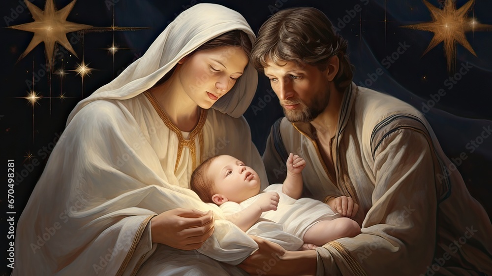 Bethlehem nativity, divine presence, Mary, Joseph, baby Jesus, Christmas joy, spiritual connection, devotion, faith. Generated by AI. - obrazy, fototapety, plakaty 
